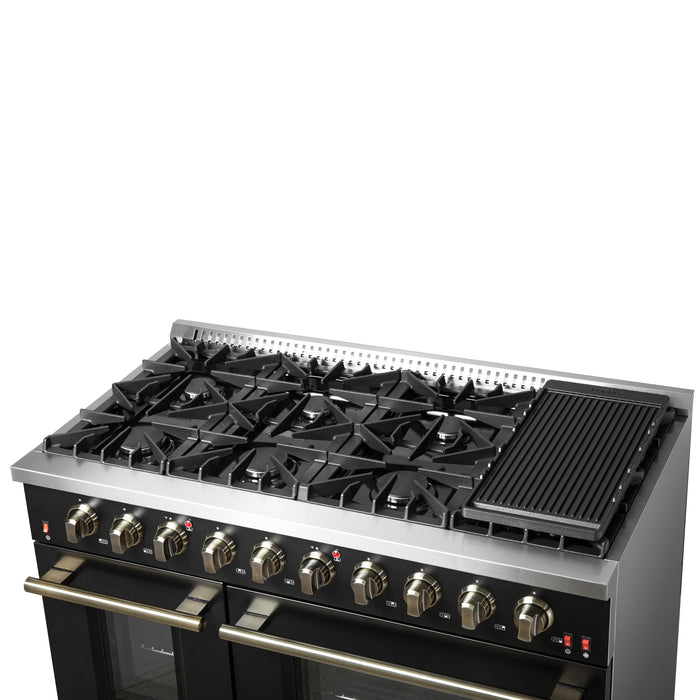 FORNO Galiano 48-inch Gas Range Black & Antique Brass Design, 8 Burners, 107,000 BTU, Griddle, 6.58 cu.ft. Double Ovens