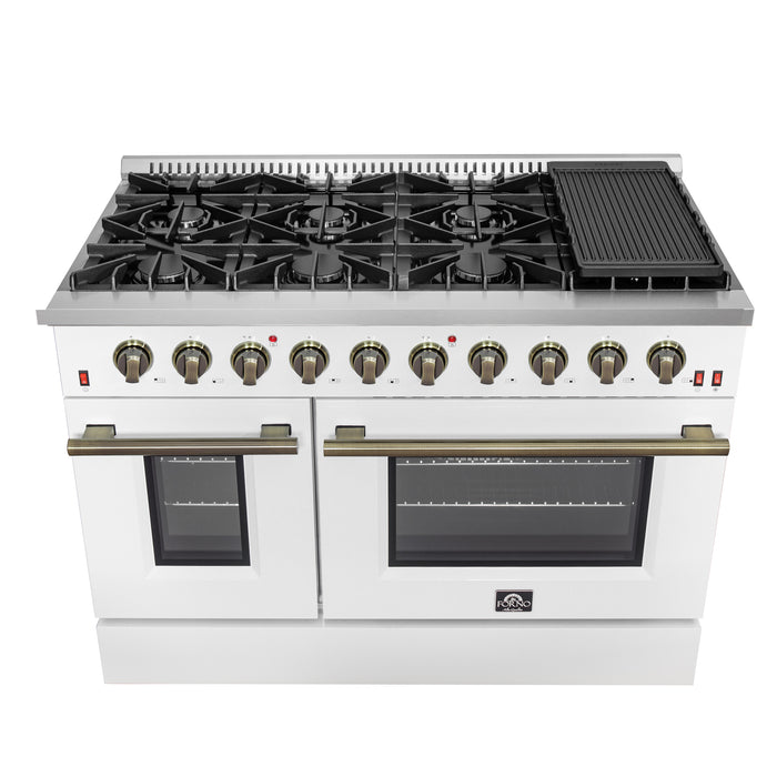 FORNO Galiano 48-inch Gas Range White & Antique Brass Design, 8 Burners, 107,000 BTU, Griddle, 6.58 cu.ft. Double Ovens