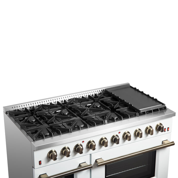 FORNO Galiano 48-inch Gas Range White & Antique Brass Design, 8 Burners, 107,000 BTU, Griddle, 6.58 cu.ft. Double Ovens