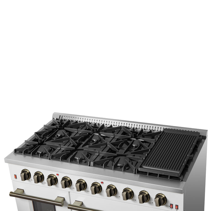 FORNO Galiano 48-inch Gas Range White & Antique Brass Design, 8 Burners, 107,000 BTU, Griddle, 6.58 cu.ft. Double Ovens