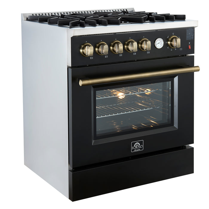 Giovanni 30-inch Gas Range Black & Antique Brass Design, 5 Burners 67,000 BTU, 4.32 cu.ft. Convection Oven