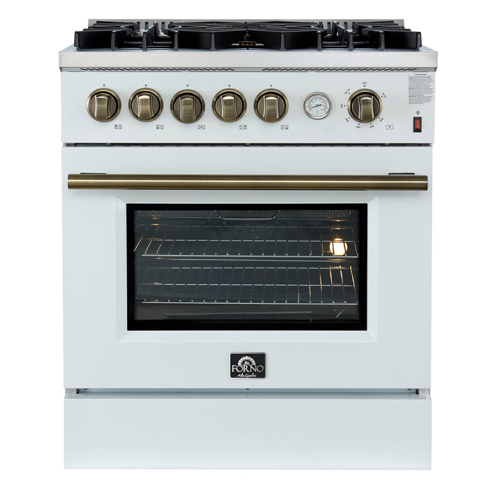 Giovanni 30-inch Gas Range White & Antique Brass Design, 5 Burners 67,000 BTU, 4.32 cu.ft. Convection Oven