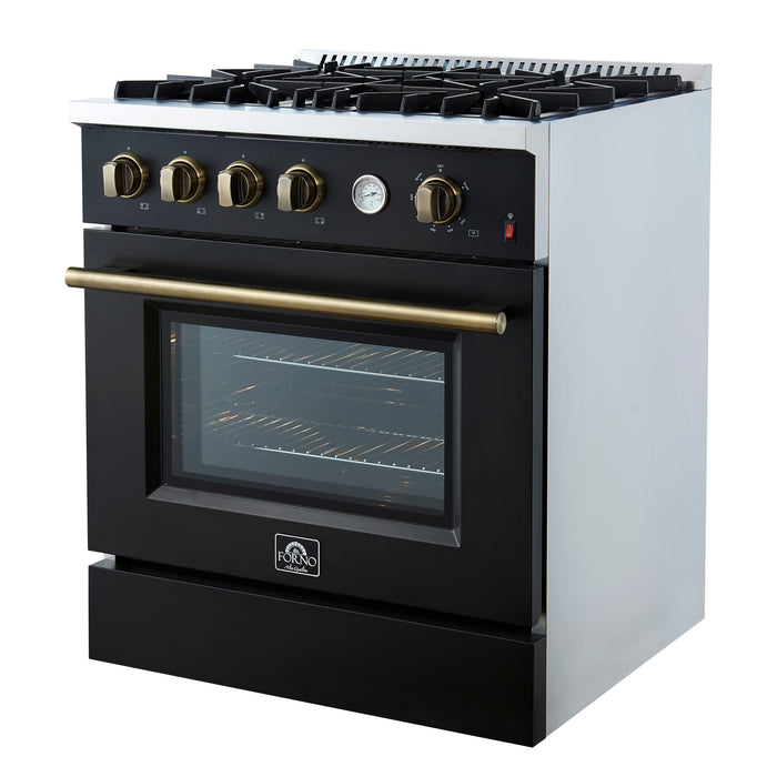 Marco 30-inch Gas Range Black & Antique Brass Design, 4 Burners 37,000 BTU, 4.32 cu.ft. Convection Oven