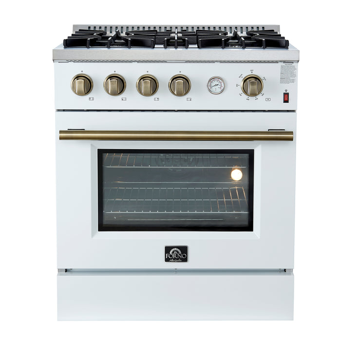 Marco 30-inch Gas Range White & Antique Brass Design, 4 Burners 37,000 BTU, 4.32 cu.ft. Convection Oven