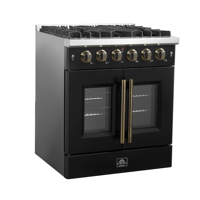 Forno Galiano 30-inch French Door Gas Range Black and Antique Brass Design, 5 Sealed Burners 68,000 BTU,  4.32 cu.ft. Convection Oven