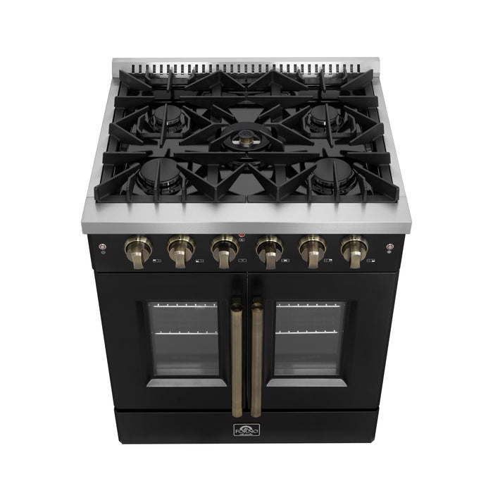 Forno Galiano 30-inch French Door Gas Range Black and Antique Brass Design, 5 Sealed Burners 68,000 BTU,  4.32 cu.ft. Convection Oven