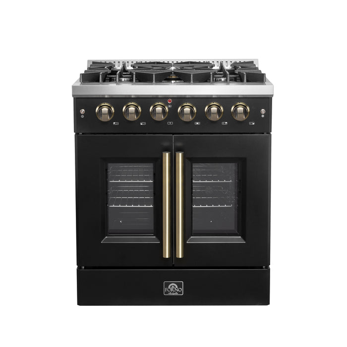 Forno Galiano 30-inch French Door Gas Range Black and Antique Brass Design, 5 Sealed Burners 68,000 BTU,  4.32 cu.ft. Convection Oven