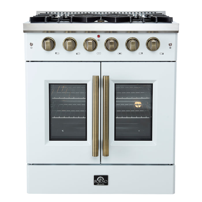 Forno Galiano 30-inch French Door Gas Range
White with Antique Brass Design, 5 Burners,
68,000 BTU, 4.32 cu.ft. Convection Oven