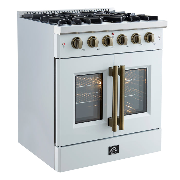 Forno Galiano 30-inch French Door Gas Range
White with Antique Brass Design, 5 Burners,
68,000 BTU, 4.32 cu.ft. Convection Oven