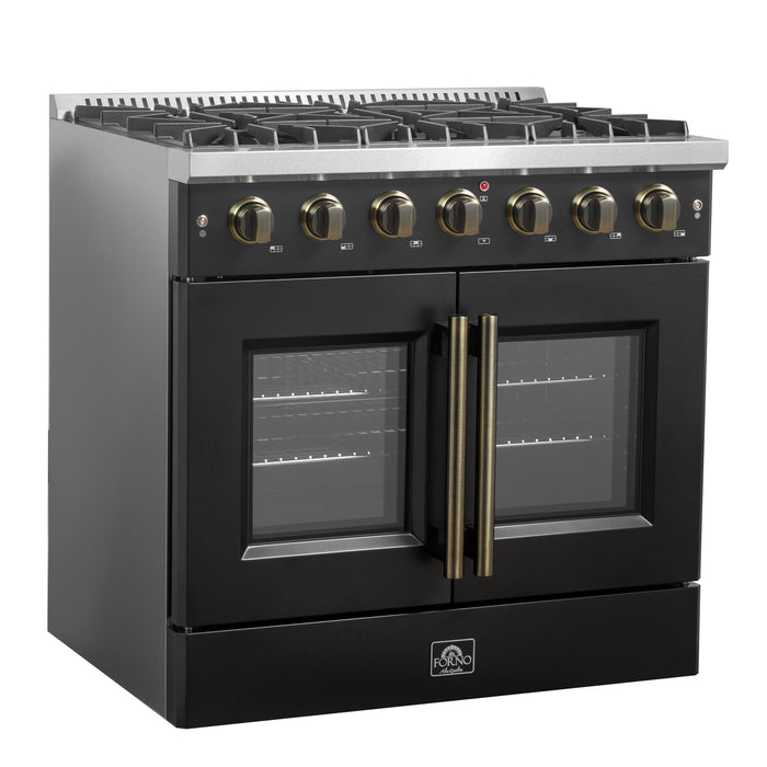 Forno Galiano 36-inch French Door Gas Range Black and Antique Brass Design, 6 Sealed Burners 83,000 BTU, 5.36 cu.ft. Convection Oven