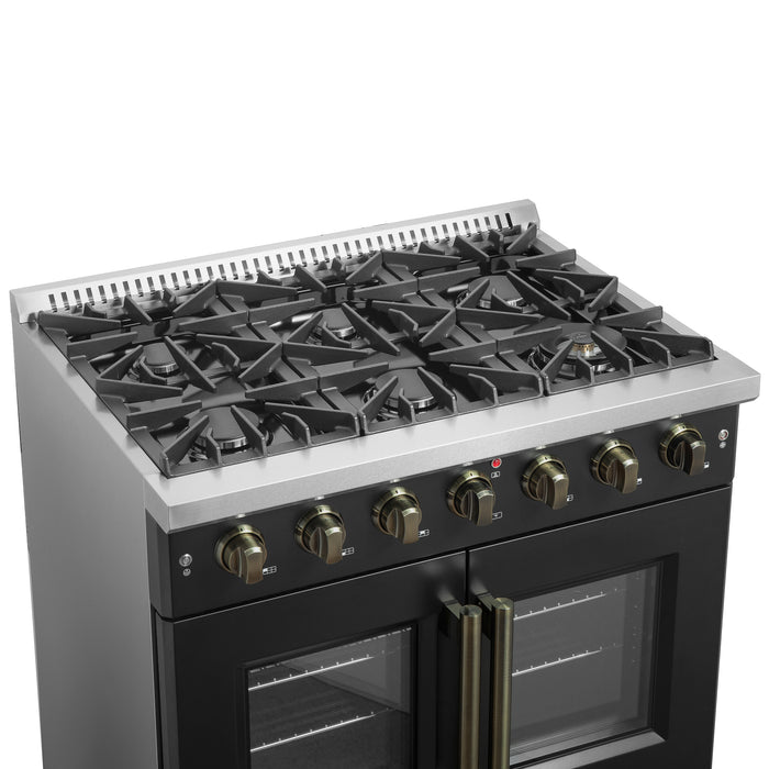 Forno Galiano 36-inch French Door Gas Range Black and Antique Brass Design, 6 Sealed Burners 83,000 BTU, 5.36 cu.ft. Convection Oven