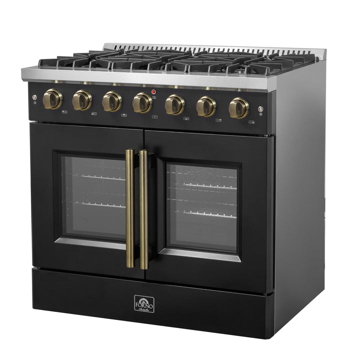 Forno Galiano 36-inch French Door Gas Range Black and Antique Brass Design, 6 Sealed Burners 83,000 BTU, 5.36 cu.ft. Convection Oven