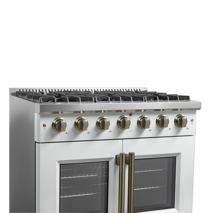 Forno Galiano 36-inch French Door Gas Range White and Antique Brass Design, 6 Sealed Burners 83,000 BTU, 5.36 cu.ft. Convection Oven