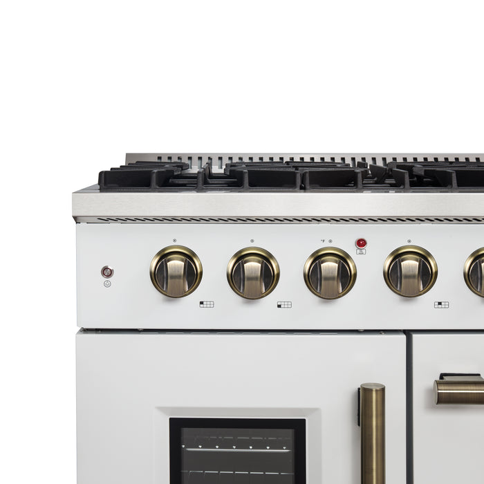 Forno Galiano 48-Inch Freestanding French Door Gas Range, White & Antique Brass