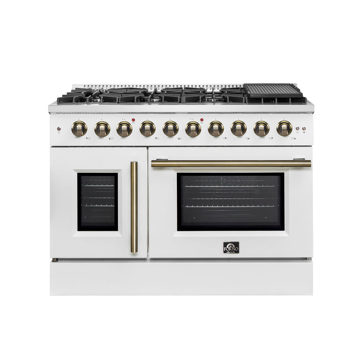 Forno Galiano 48-Inch Freestanding French Door Gas Range, White & Antique Brass