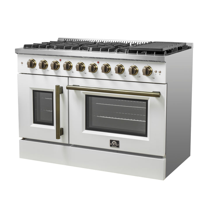 Forno Galiano 48-Inch Freestanding French Door Gas Range, White & Antique Brass