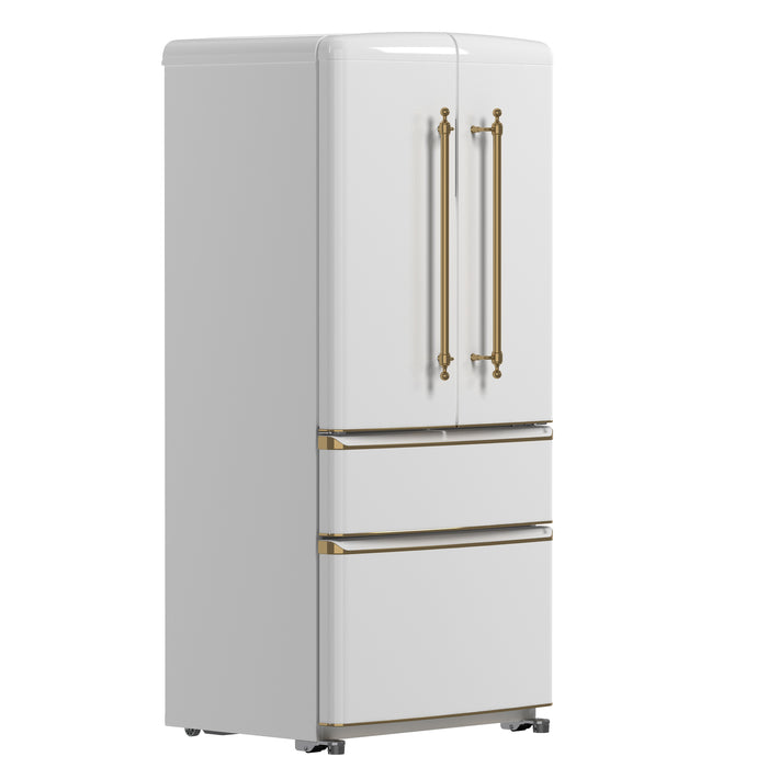 Forno Luigi 33-Inch French Door Refrigerator, 18 cu.ft, White Finish, Antique Brass Handles, ENERGY STAR Certified